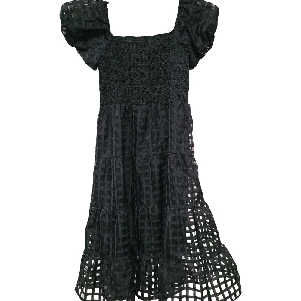 PrettyGarden Black Grid Smocked Puff Sleeve Tiered Midi Dress Womens Size L